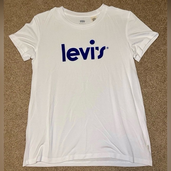 Levi's White Tee with Bold Blue Print Size Small - Picture 1 of 3